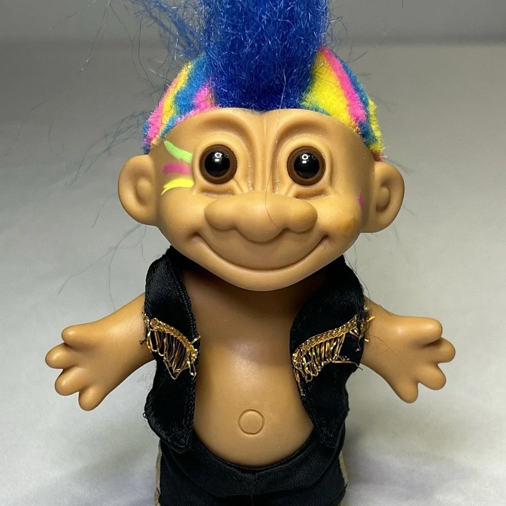 Vintage Russ Troll Doll Rock Star‎ Blue Mohawk Hair Gold Shoes 1990s
